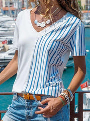 Floral Stripe V neck Short sleeve T-shirts