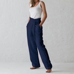 Ladies Cotton Linen Solid Color High Waist Long Pants