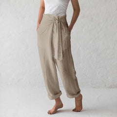 Ladies Cotton Linen Solid Color High Waist Long Pants