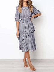 Fashion Stripe Half sleeve Lacing Falbala Skater Dresses