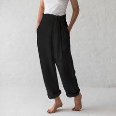 Ladies Cotton Linen Solid Color High Waist Long Pants