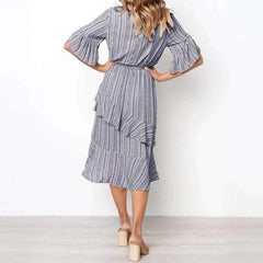 Fashion Stripe Half sleeve Lacing Falbala Skater Dresses