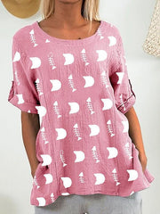 Fishbone printed cotton and linen blend casual T-shirt for women