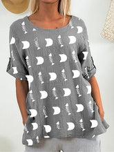 Fishbone printed cotton and linen blend casual T-shirt for women