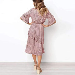 Fashion Stripe Half sleeve Lacing Falbala Skater Dresses