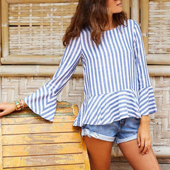Fashion Stripw Gored Mandarin sleeve Blouses
