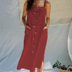 Leisure Pure Color Open Slit Back Sling Dress