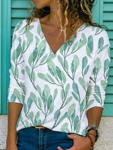 Green Leaves Printed Casual V Neck Long Sleeve Shift Shirts & Tops