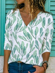 Green Leaves Printed Casual V Neck Long Sleeve Shift Shirts & Tops