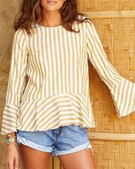 Fashion Stripw Gored Mandarin sleeve Blouses