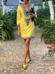 Floral-Print Long Sleeve V Neck Dresses