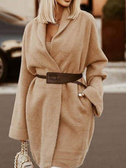 Khaki Shawl Collar Plain Shift Long Sleeve Outerwear