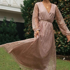 Fashion Sequin V neck Long sleeve Lacing Skater Maxi Dresses