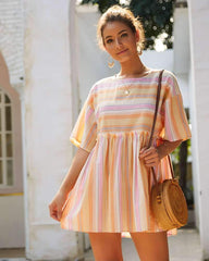 Fashion Stripe Gored Round neck Shift Dresses
