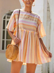 Fashion Stripe Gored Round neck Shift Dresses
