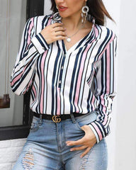 Fashion Stripe V neck Long sleeve Blouses