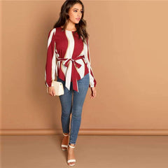 Stripe Round neck Long sleeve Lacing Blouses