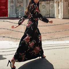Stylish Floral print High collar Long sleeve Skater Maxi Dresses