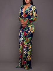 Green V Neck Print Flory Sexy Woman Maxi Vacation Dresses