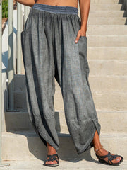 Gray Pockets Casual Cotton-Blend Pants