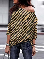 Fashion Sexy Off Shoulder Zebra Printed Long Sleeve T-shirts