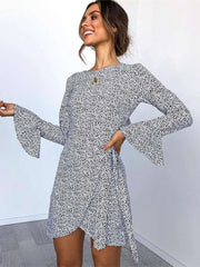 Leopard print Lacing Falbala Mandarin sleeve Skater Dresses