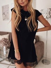 Summer short sleeve loose round collar plain lace shift dresses