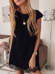 Summer short sleeve loose round collar plain lace shift dresses