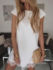 Summer short sleeve loose round collar plain lace shift dresses