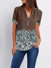 Summer leopard printed hit color V-neck zipper short-sleeved shirt T-shirt