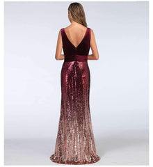 Fashion Velvet V neck Gored Paillette Evening Dresses