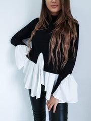 Flounce Stitched Irregular Hem High Neck Long Sleeve T-shirt