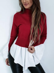Flounce Stitched Irregular Hem High Neck Long Sleeve T-shirt