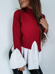 Flounce Stitched Irregular Hem High Neck Long Sleeve T-shirt