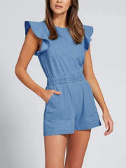 Stylish denim blue pocket flounce women's jumpsuit