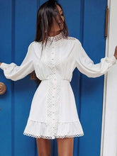 Fashion Sexy Pure High collar Long sleeve Hollow out Skater Dresses