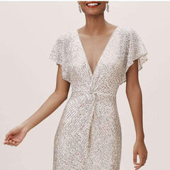 Fashion V neck Short sleeve  Paillette Evening Dresses