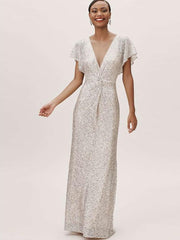 Fashion V neck Short sleeve  Paillette Evening Dresses