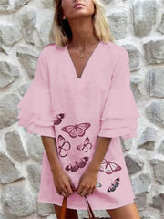 Fashion V neck Half sleeve Butterfly print Shift Dresses