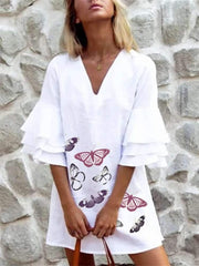 Fashion V neck Half sleeve Butterfly print Shift Dresses