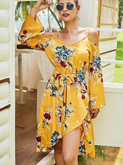 Fashion V neck Off shoulder Vest Long sleeve Print Skater Dresses