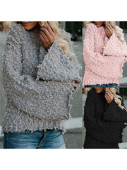 Three Colors Gray Woman Plain Knitting Round Neck Sweater