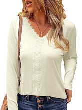V neck lace design long sleeve T-shirts tops for women