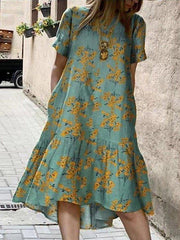 Lightgreen Short Sleeve Crew Neck Cotton-Blend Swing Dresses