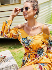 Fashion V neck Off shoulder Vest Long sleeve Print Skater Dresses