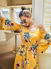 Fashion V neck Off shoulder Vest Long sleeve Print Skater Dresses