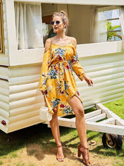 Fashion V neck Off shoulder Vest Long sleeve Print Skater Dresses