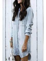Turn Down Collar Asymmetric Hem Single Breasted Plain Long Sleeve Casual Dresses