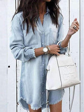 Turn Down Collar Asymmetric Hem Single Breasted Plain Long Sleeve Casual Dresses