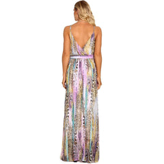 Fashion Stripe print V neck Vest Skater Maxi Dresses